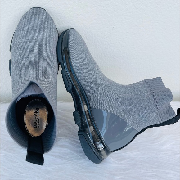 New! MICHAEL KORS Kendra Metallic Gray Stretch Knit Sock Sneakers Booties Size 8 - Picture 10 of 16